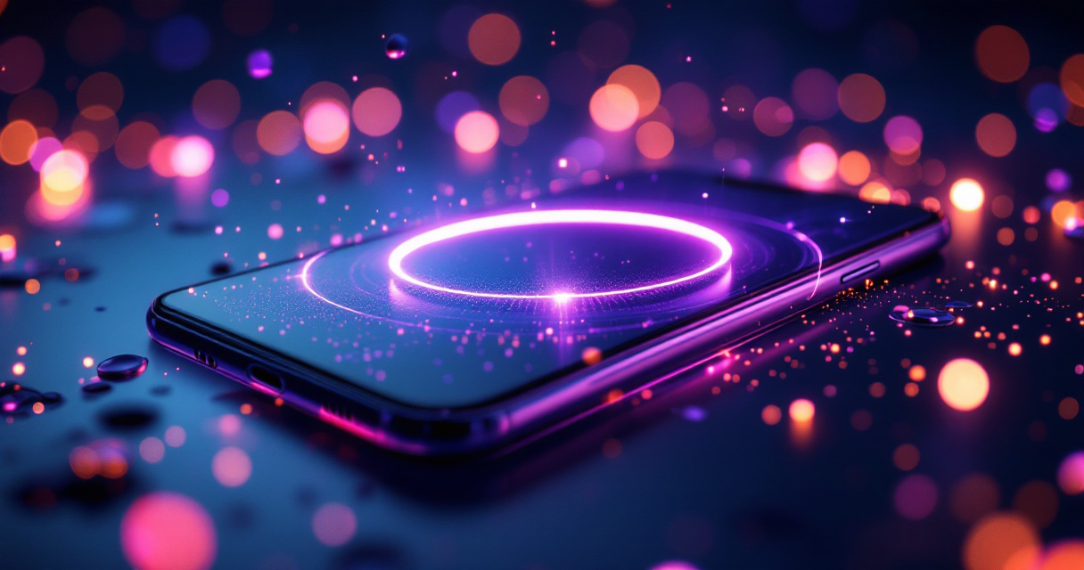 Smartphone displaying AI-enhanced profile picture frame with purple digital particles and holographic interface elements