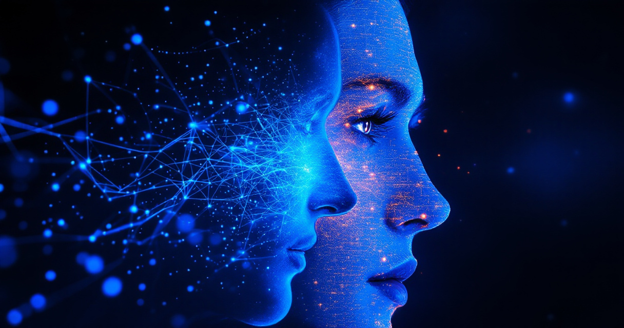 Visual transformation concept showing portrait silhouette evolving into professional headshot through flowing purple light streams