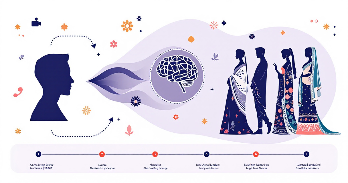 Infographic showing AI transformation process from selfie to traditional cultural dress profile pictures with icons and flowing design elements