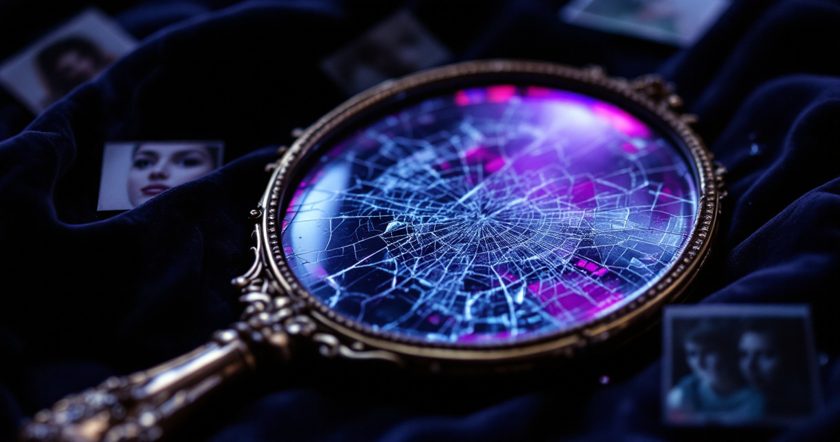 cracked vintage mirror with digital glitch reflection symbolizing common AI photo editing mistakes