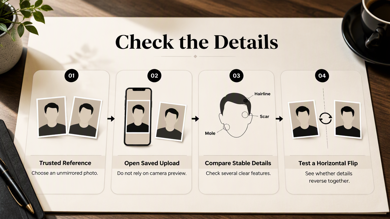 Infographic showing how to compare a reference photo, saved upload, facial details, and temporary horizontal flip