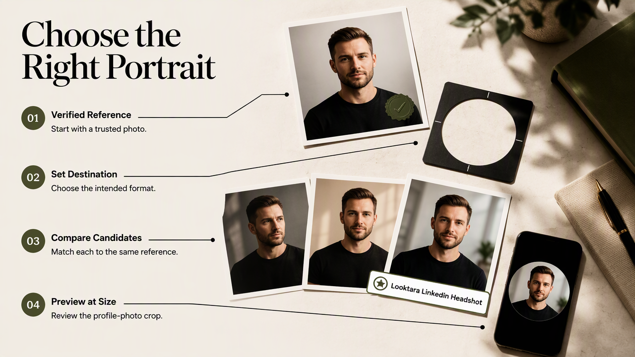 Reference-led portrait workflow for choosing a professional LinkedIn headshot and checking its profile-size crop