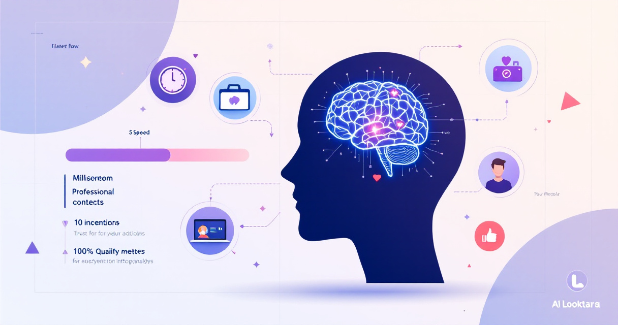 Infographic showing psychology of profile photos with brain visualization, professional icons, and trust indicators in indigo color scheme