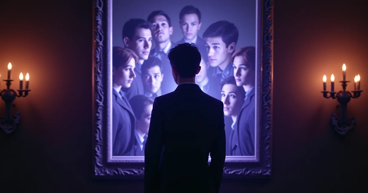 Person facing mirror showing multiple fragmented reflections representing difficulty in self-perception and photo selection bias