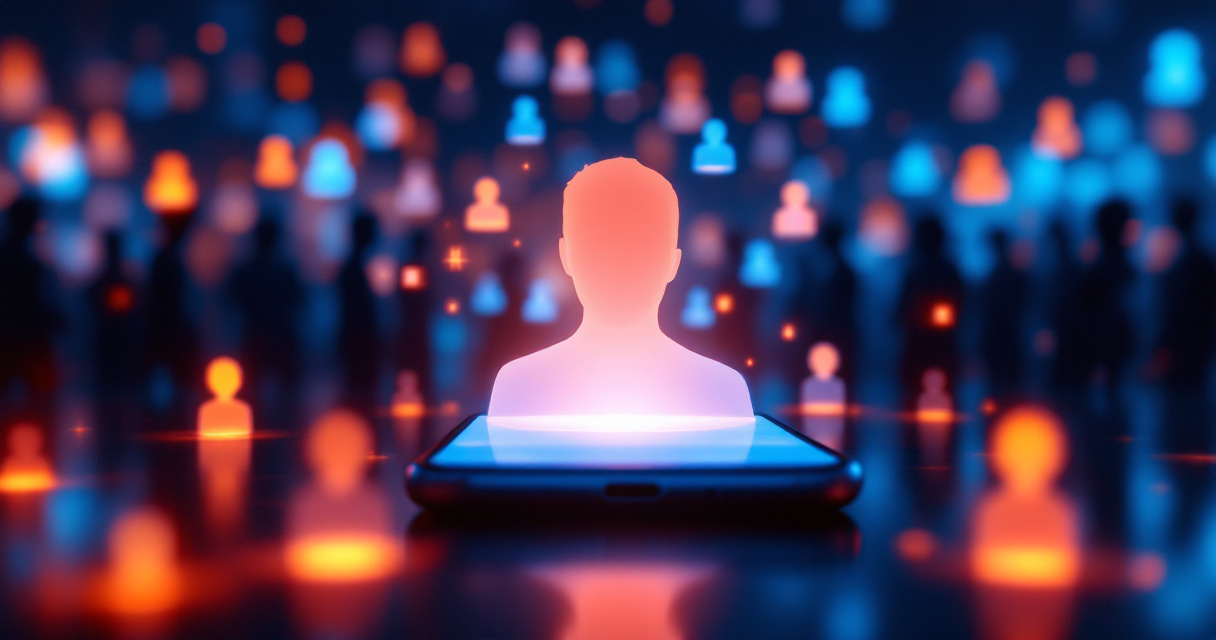 Glowing profile silhouette emerging from smartphone representing instant first impressions across digital networks