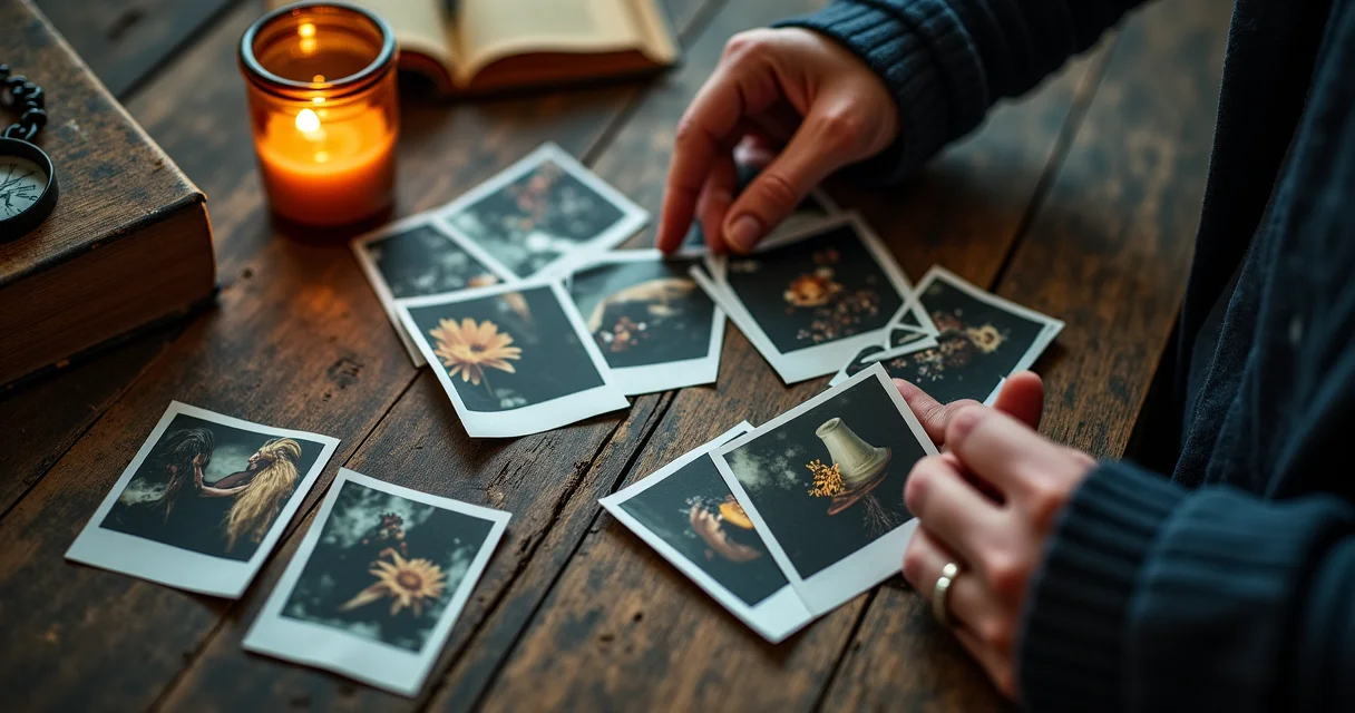 Hands arranging symbolic polaroid photos on wooden table representing personality traits revealed through image choices