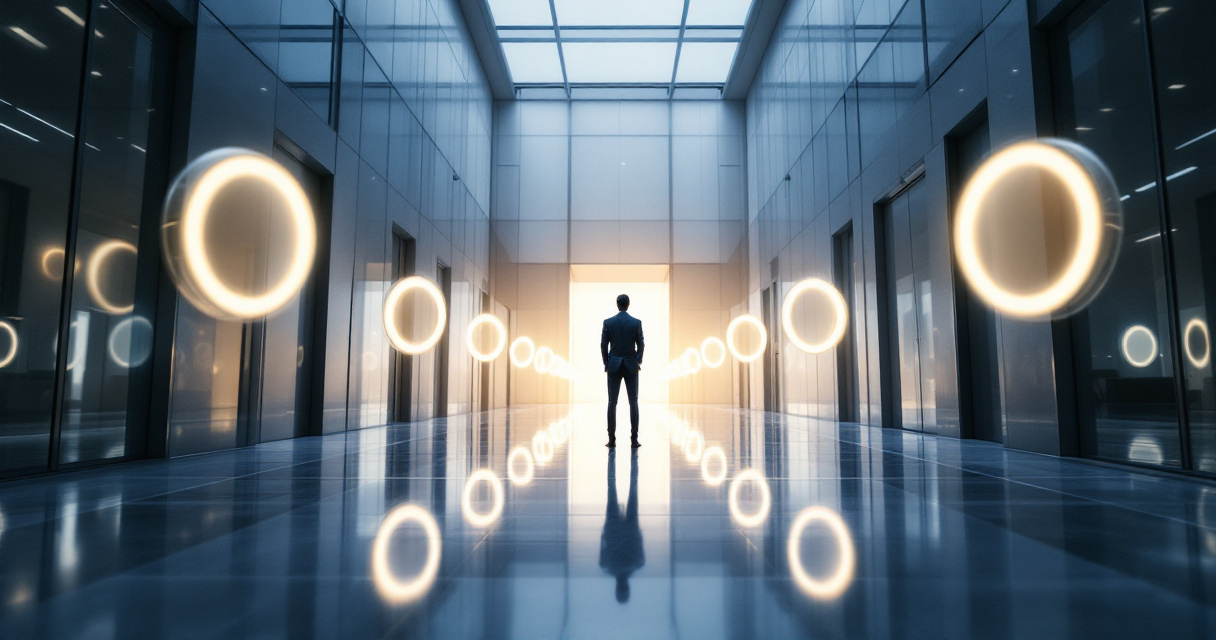 Professional figure approaching glowing portrait gateways symbolizing career opportunities shaped by profile photos