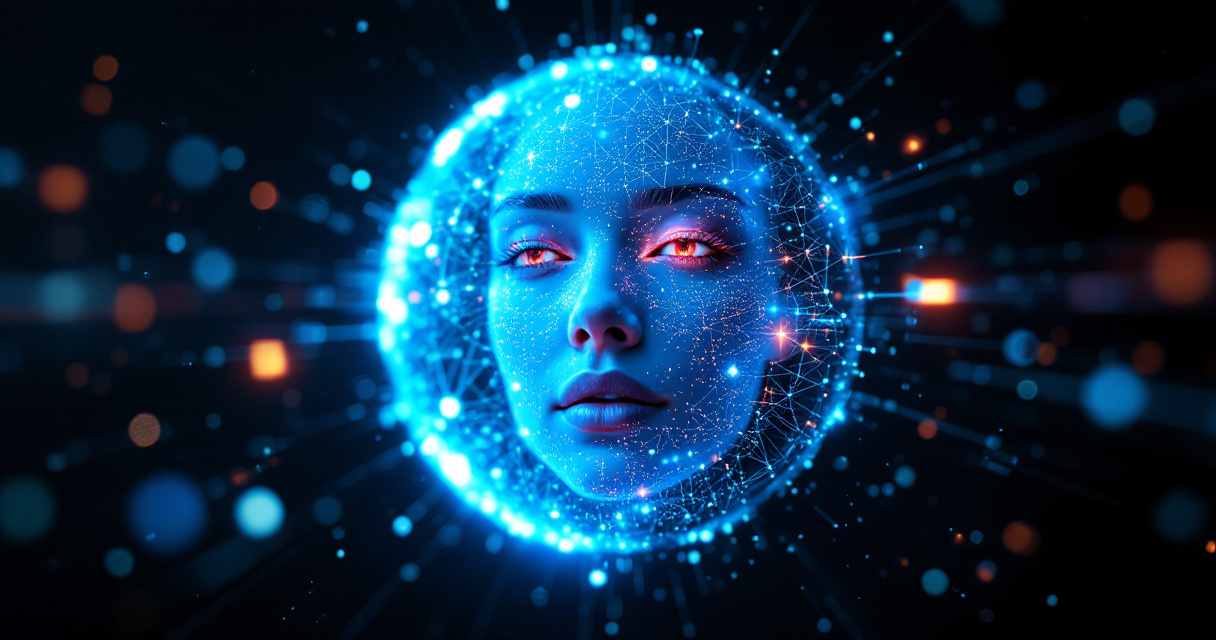 Futuristic AI system assembling a glowing digital avatar portrait from particles and neural light patterns