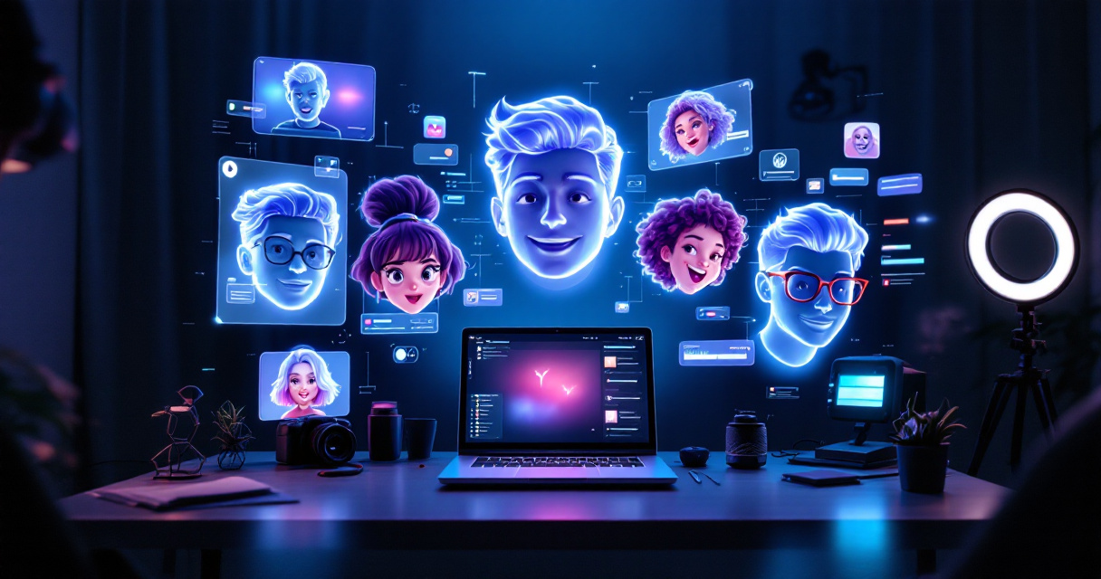 Creator workspace with holographic AI-generated avatar styles floating above a laptop and camera setup