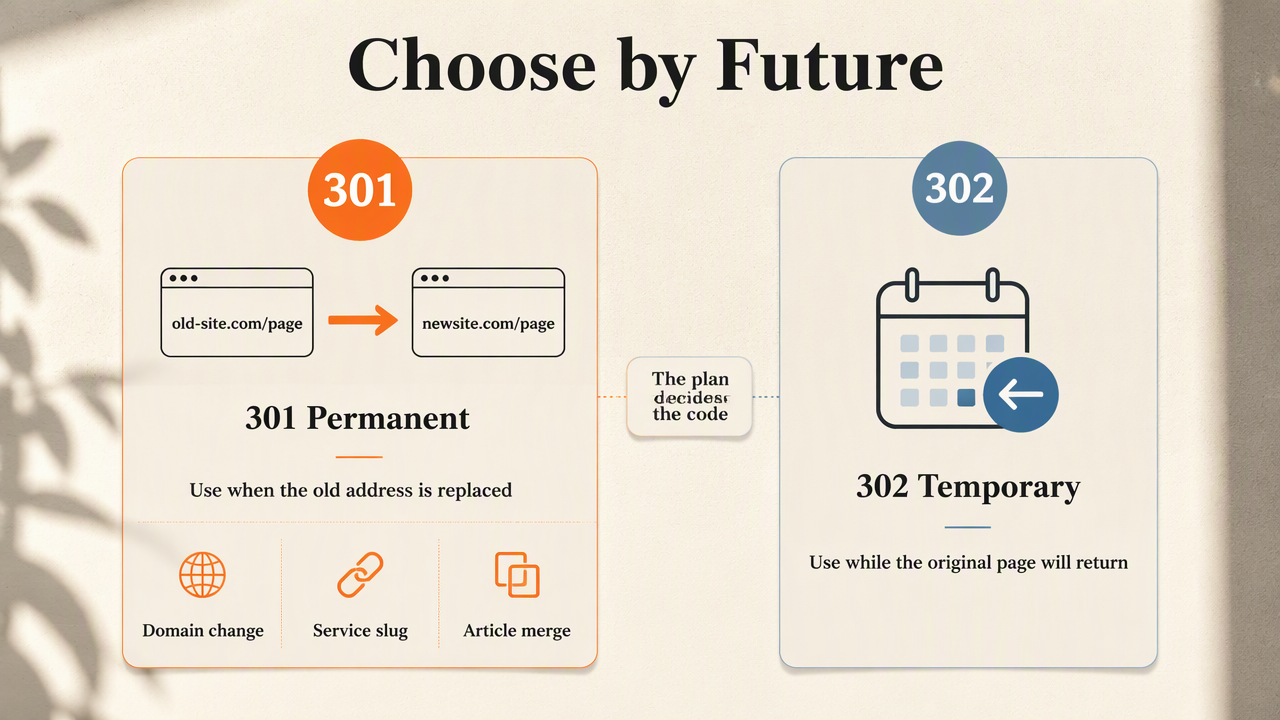 Infographic comparing permanent 301 redirects with temporary 302 redirects and practical business examples.