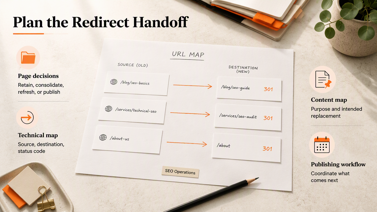 Editorial diagram showing URL mapping, content decisions, and SEO workflow in a redirect handoff.