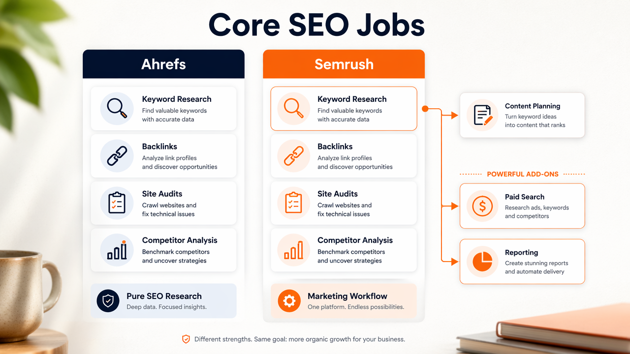 Side-by-side SEO tool comparison showing Ahrefs and Semrush core jobs and workflow breadth.