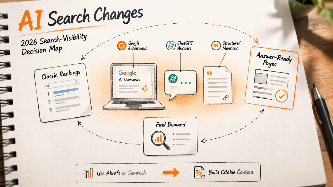 Annotated AI search workflow showing rankings, answer-ready pages, and citable content for 2026 SEO.