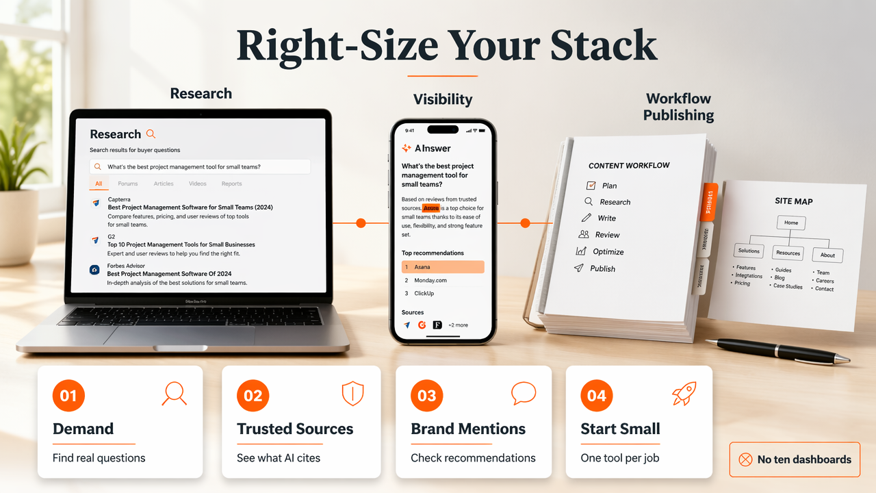 Editorial infographic showing a small AI search stack for founders and small teams.