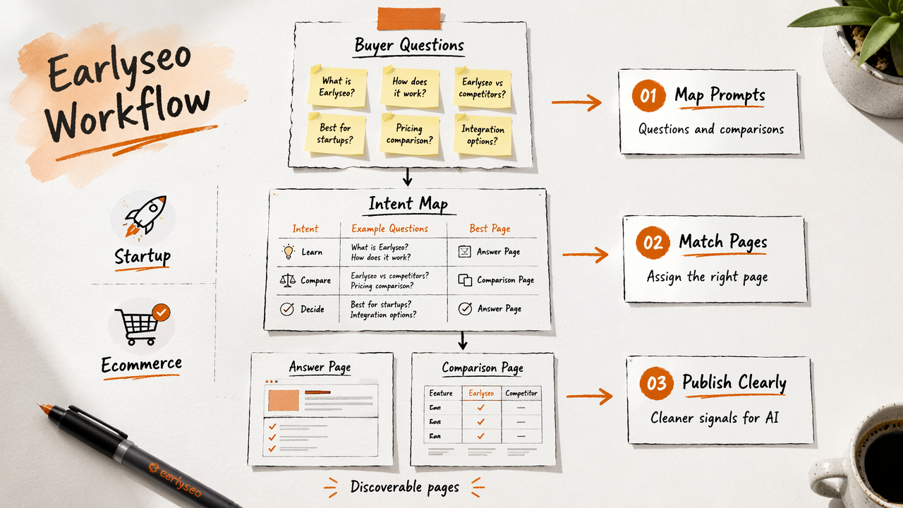 Annotated workflow diagram showing how Earlyseo connects AI discovery to SEO execution.