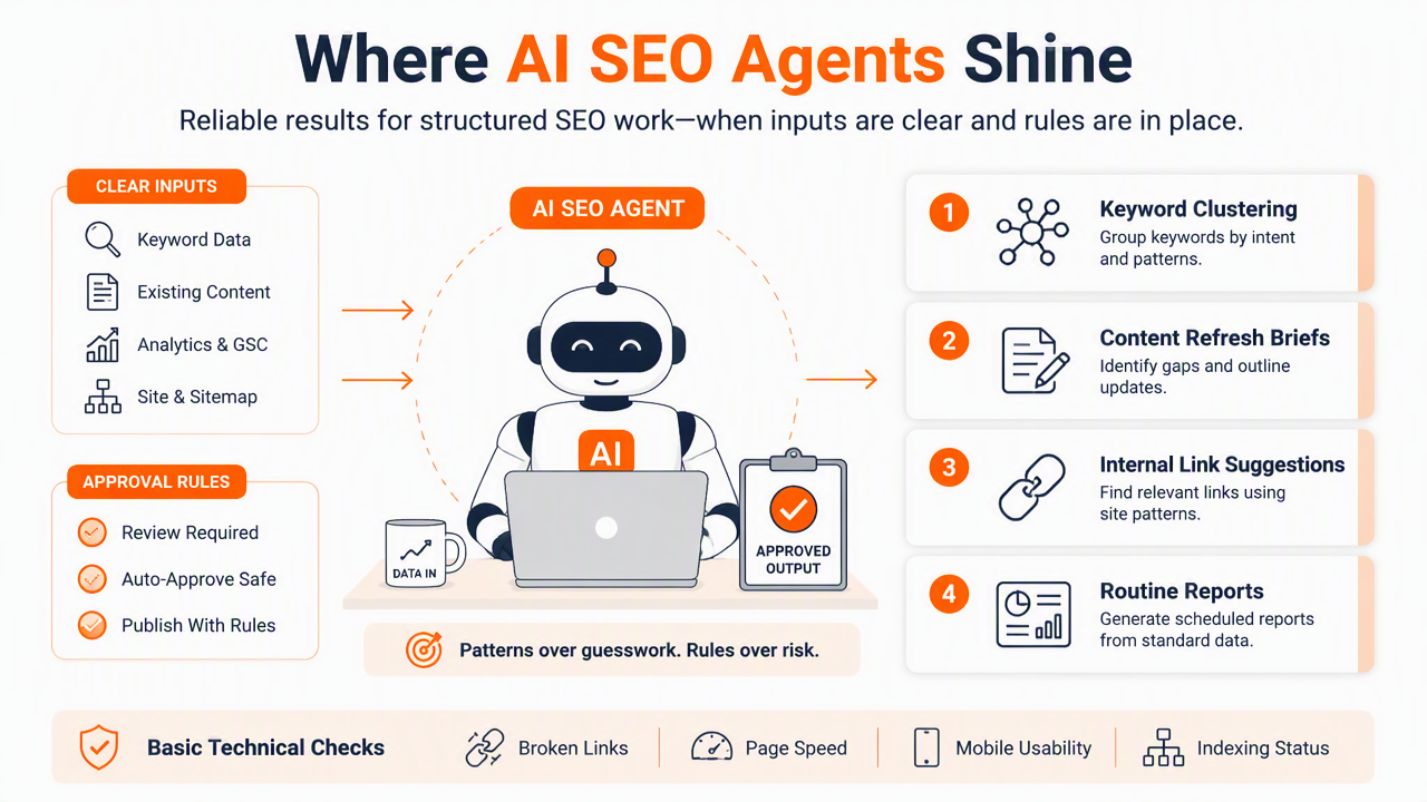 Illustration for Which SEO tasks can agents handle reliably?