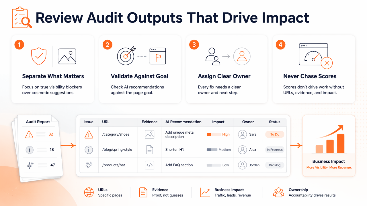 Illustration for How should audit outputs be reviewed before fixes begin?