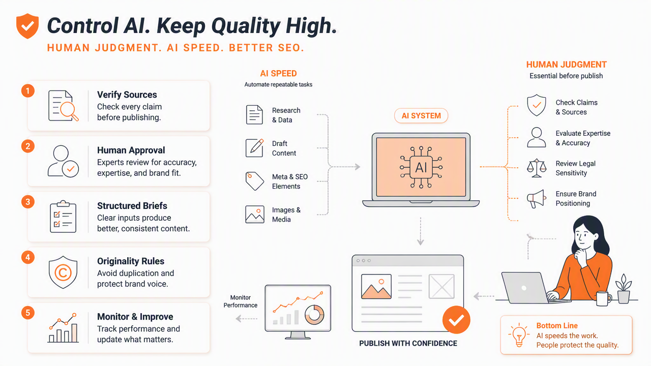 Illustration for How should teams control AI SEO quality and risk?