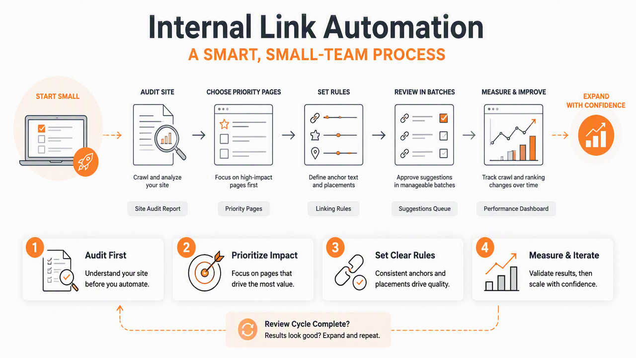 Illustration for How should small teams implement internal link automation?
