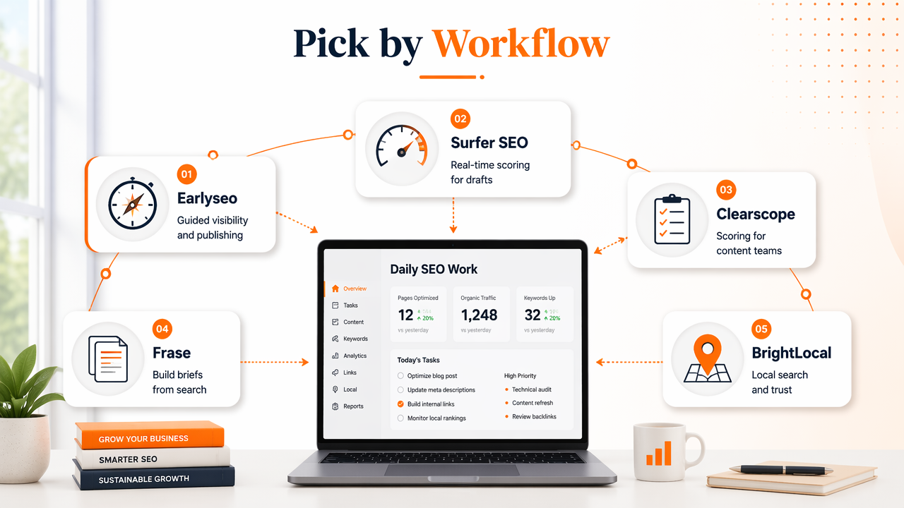 Workflow map comparing small business content optimization tools by daily use