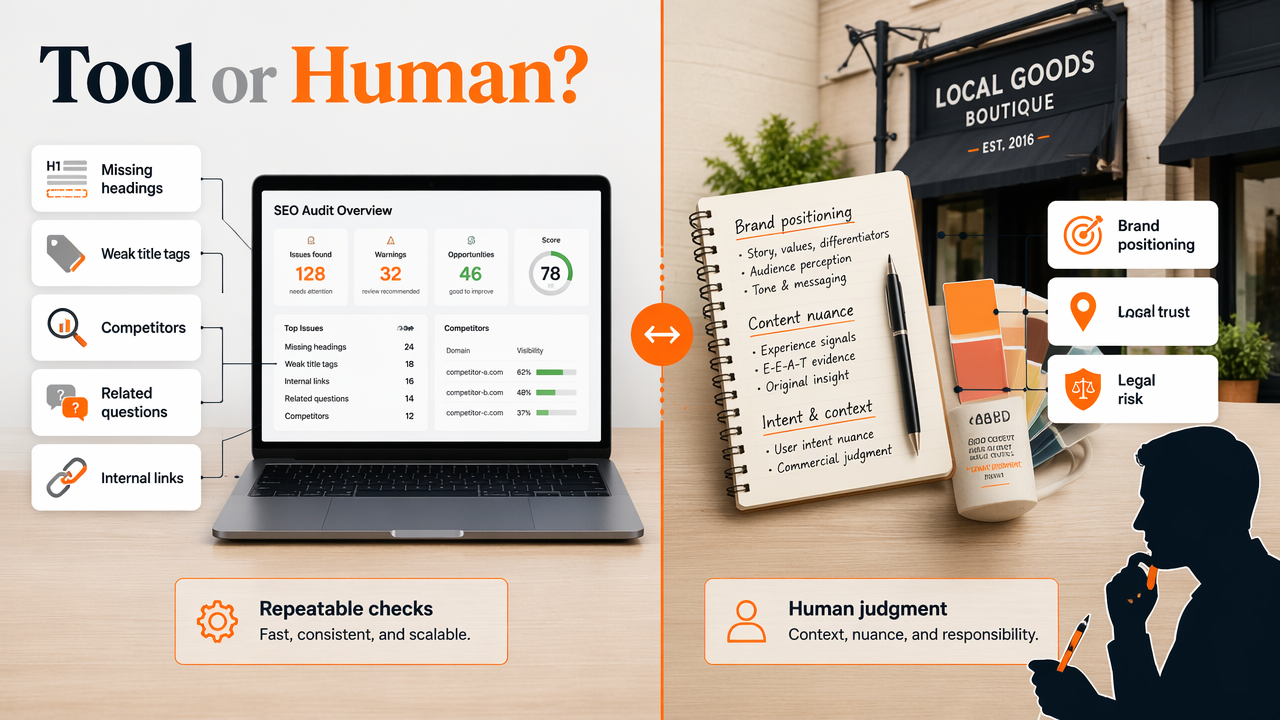 Split diagram showing which SEO tasks tools can handle and where human review is needed