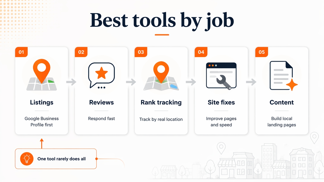 Infographic of local SEO tools grouped by use case for small business