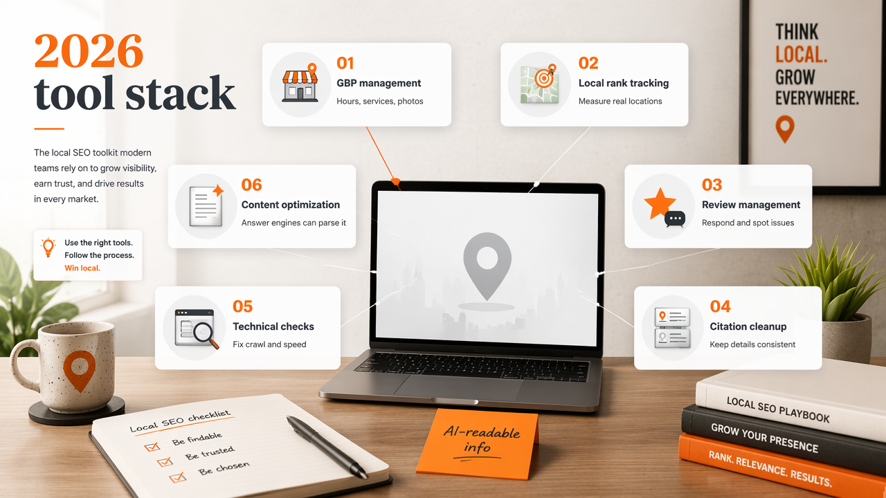 Annotated workspace diagram of the most important local SEO tool categories in 2026