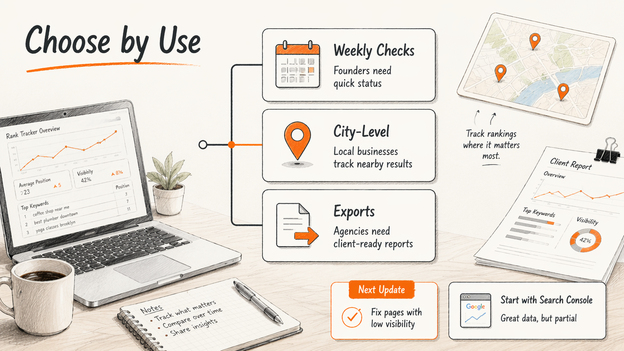 Workflow diagram for choosing a rank tracker based on weekly checks, local monitoring, and reporting.