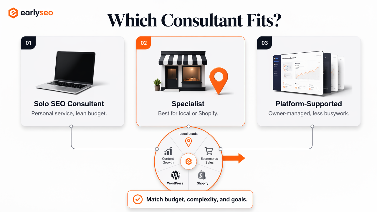 Comparison infographic of SEO consultant types for small businesses