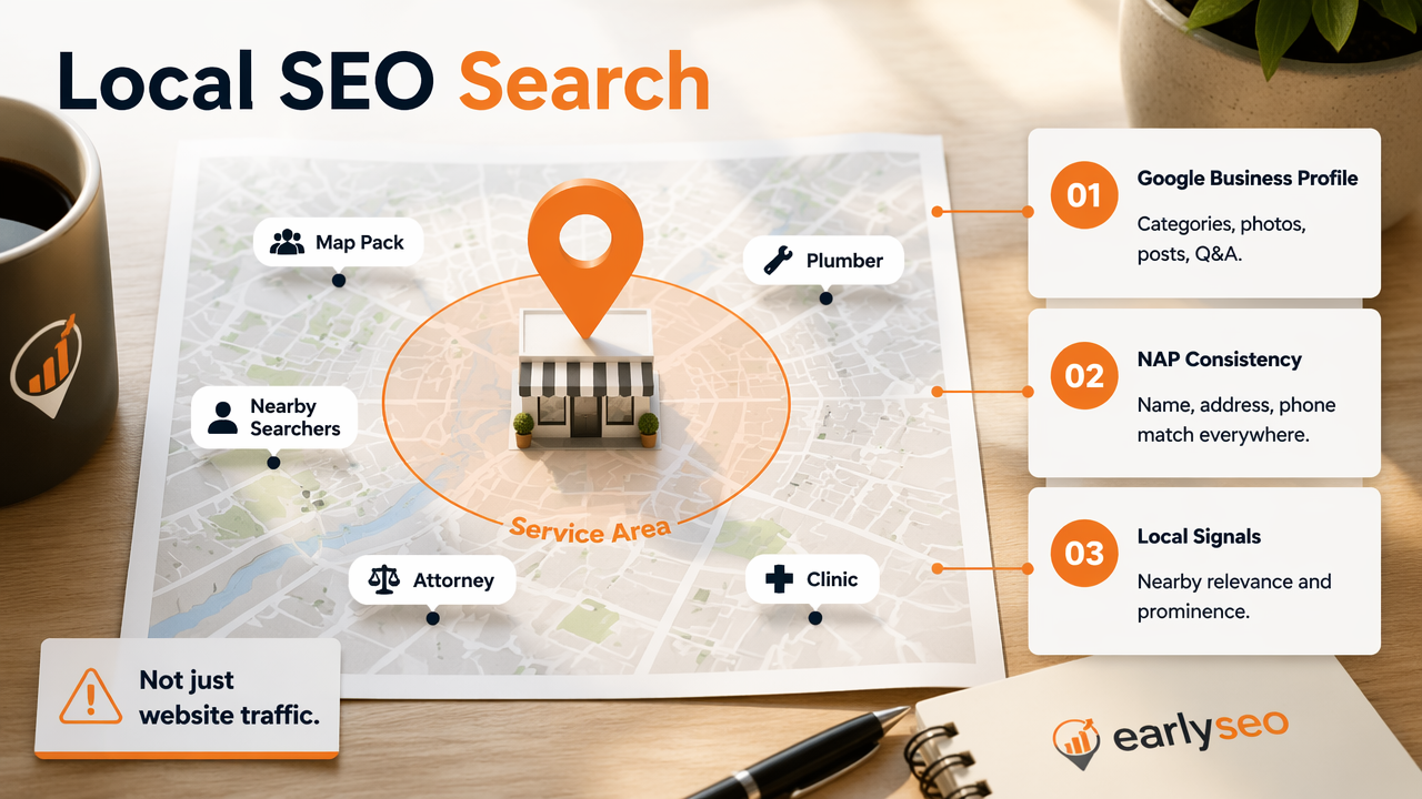 Annotated local SEO map showing GBP, NAP consistency, and local search signals