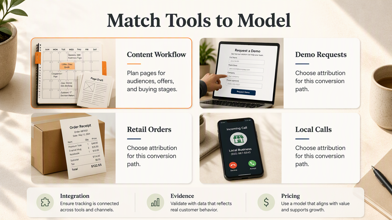 Infographic matching content workflow and attribution evidence to demo requests, retail orders, and local calls.