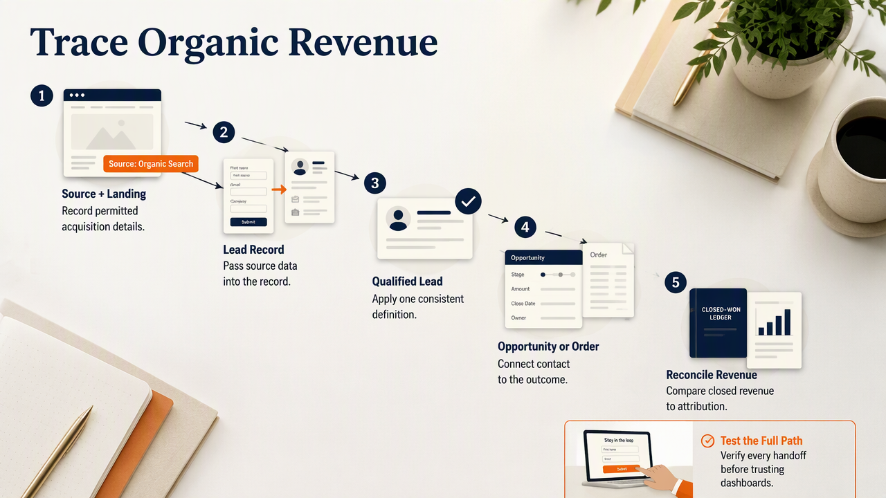 Diagram tracing organic source and landing-page data through lead qualification to closed revenue and test submissions.