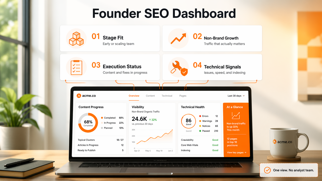 Founder SEO dashboard infographic showing stage fit, traffic, execution, and technical health
