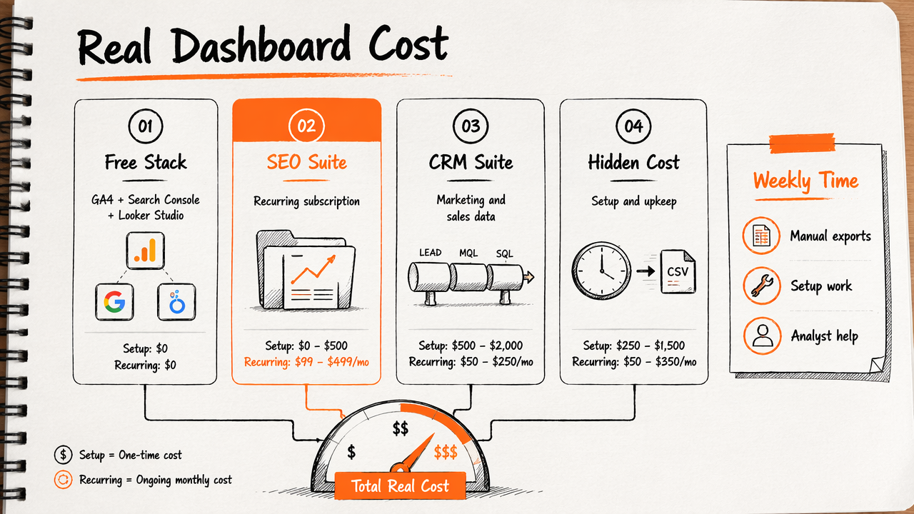 Annotated pricing comparison showing free stack, SEO suite, CRM suite, and hidden setup costs