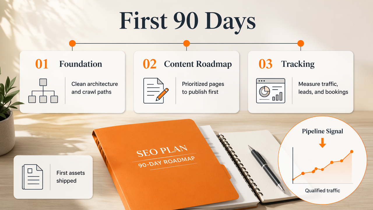 Infographic showing the first 90 days of startup SEO: foundation, content roadmap, and tracking.