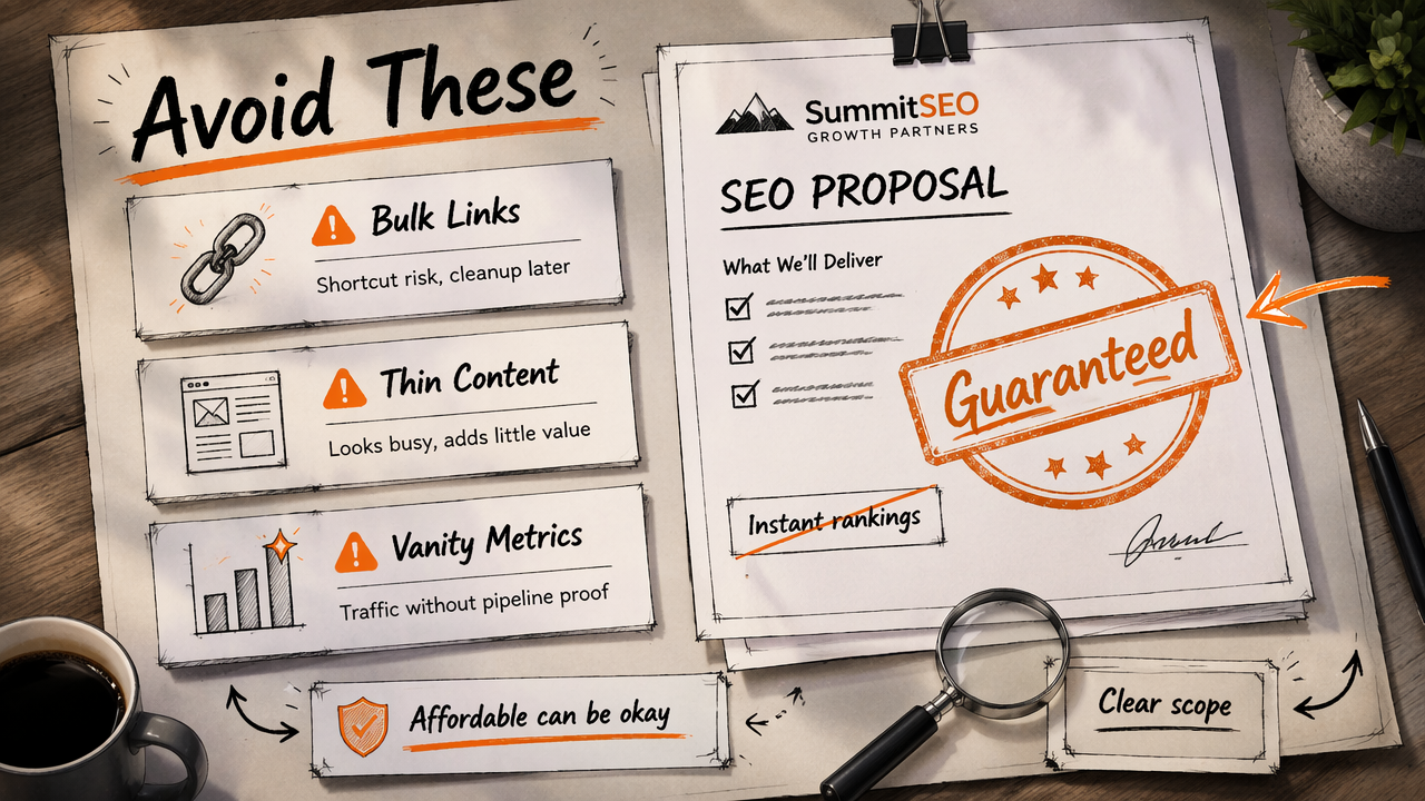 Annotated warning diagram of SEO services startups should avoid, including guaranteed rankings and vanity metrics.