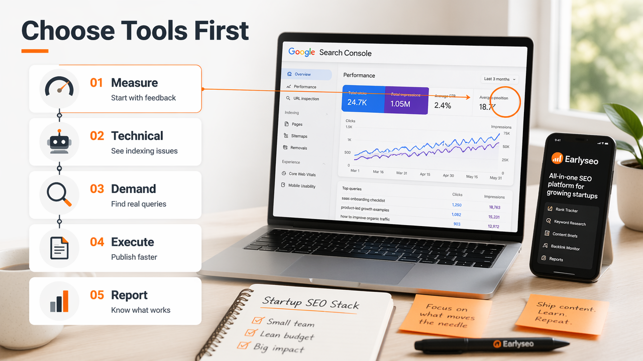 Startup SEO workflow infographic showing which tools to choose first and in what order.