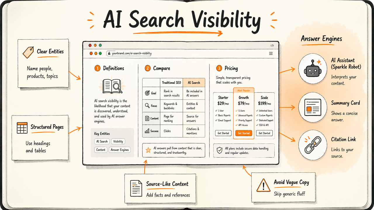 Annotated diagram of AI search and LLM visibility with structured pages, entities, and citation-friendly content.