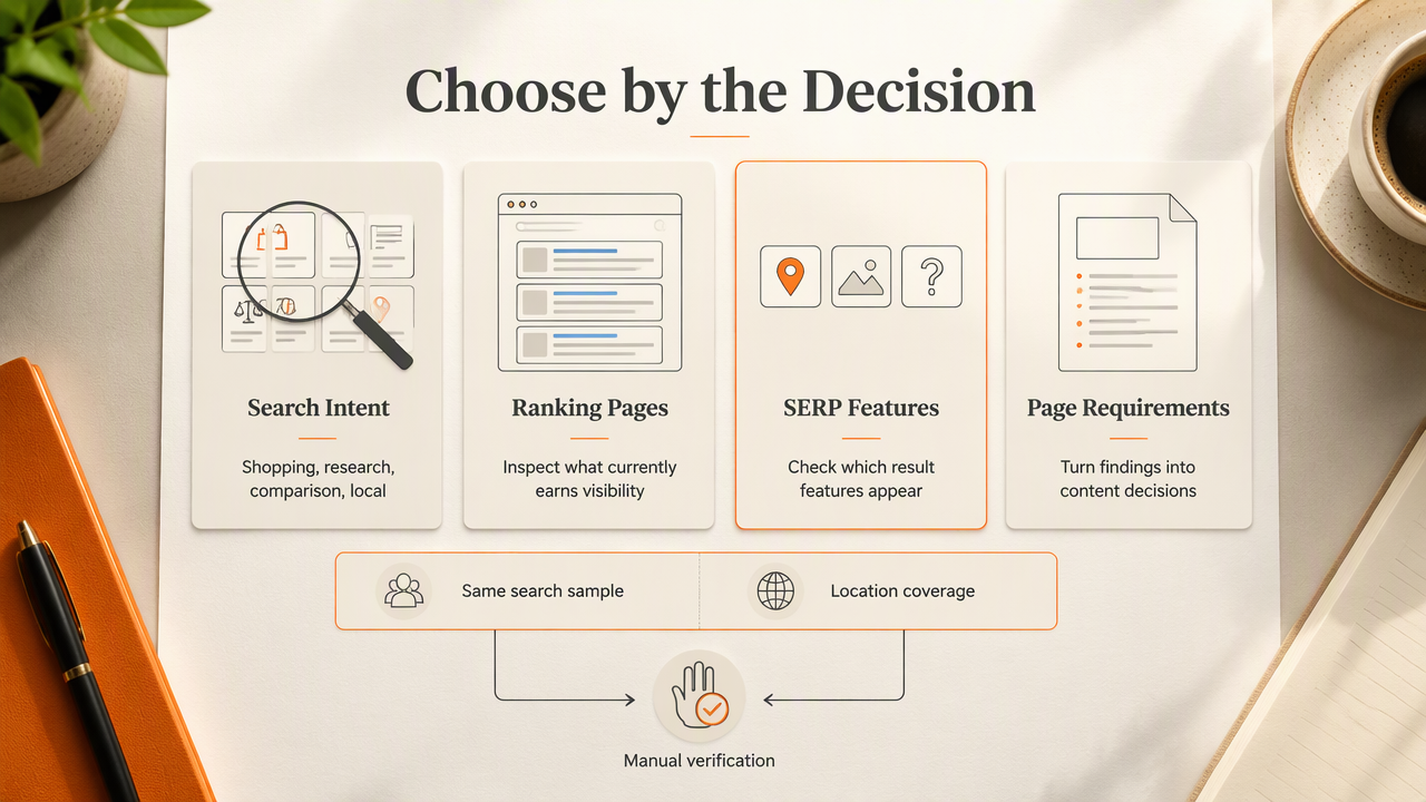 Four-part guide to evaluating SERP tools by intent, ranking pages, features, and page requirements.
