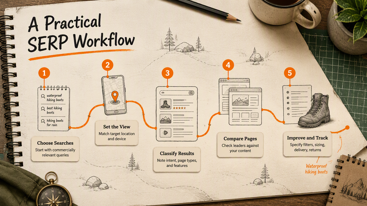 Five-step SERP workflow from choosing commercial searches to improving and tracking a hiking boot page.
