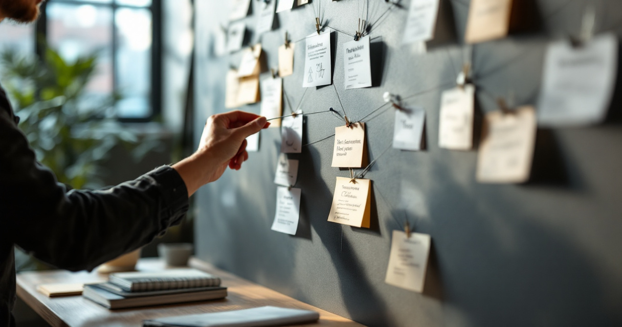 Planning wall showing distinct content clusters connected for topical authority without keyword cannibalization