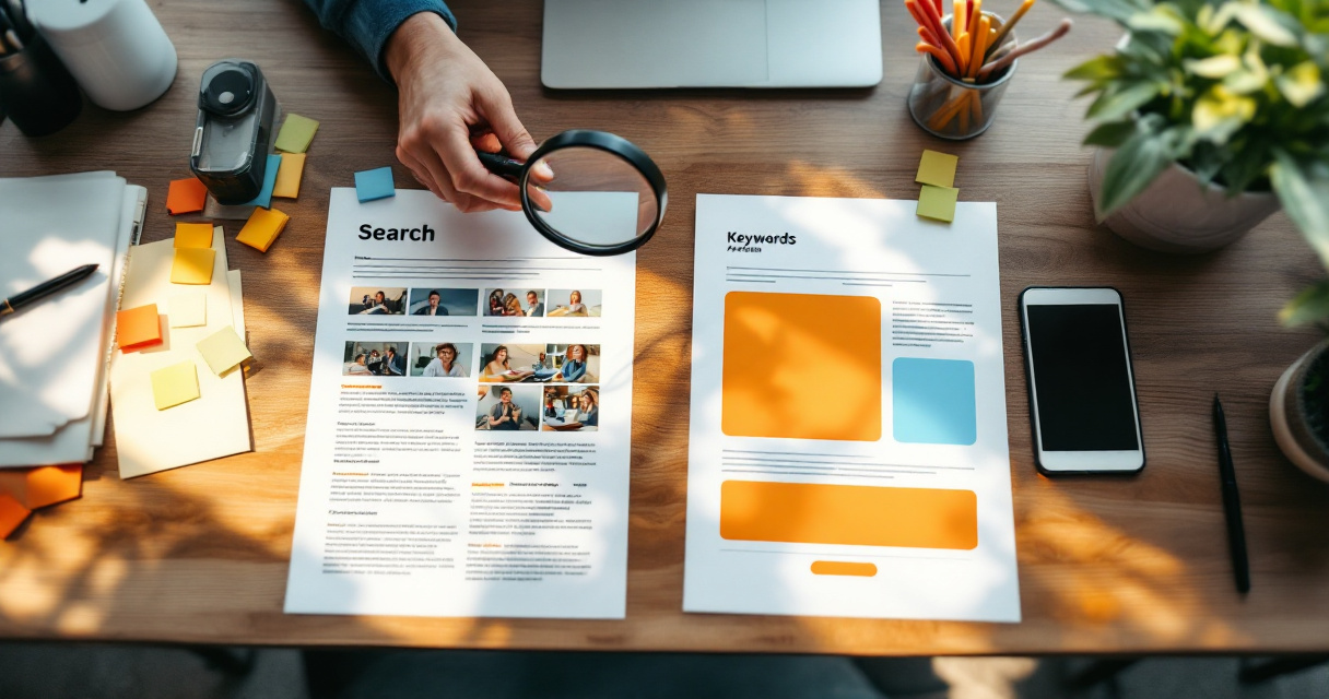 Overhead desk scene comparing blog article outline and landing page wireframe for keyword targeting