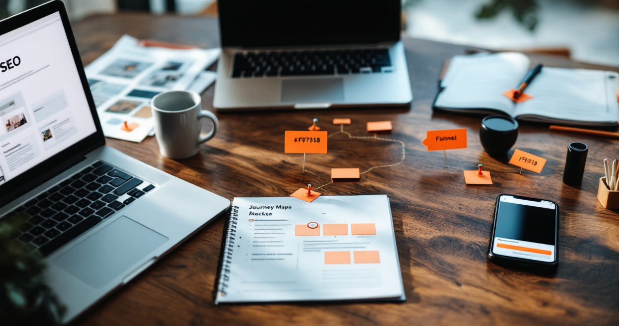 Connected blog and landing page workflow illustrated across a marketing table
