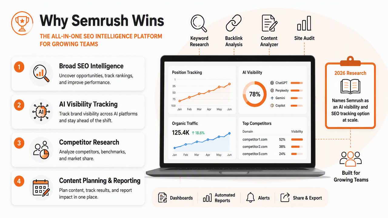 Illustration for Where Semrush wins for AI visibility and content workflows