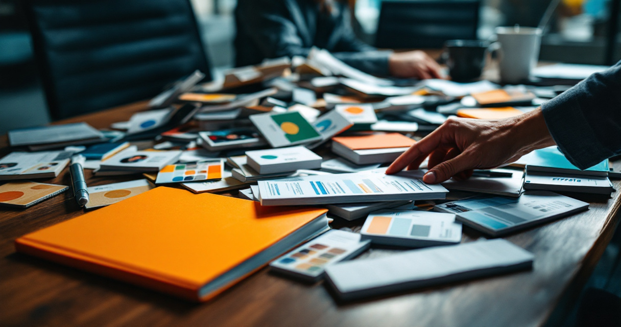 Disorganized brand assets on a table showing inconsistencies that weaken branded search visibility
