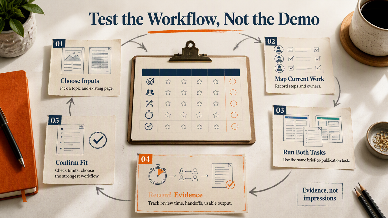 Five-step scorecard tests SEO alternatives using a real brief, current workflow, review time, handoffs, and plan limits.