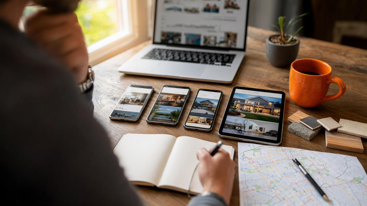 Over-the-shoulder SEO competitor selection scene with devices, product samples, and orange mug