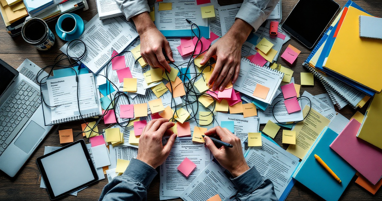 Top-down messy SEO research desk with organized folder and orange highlighter