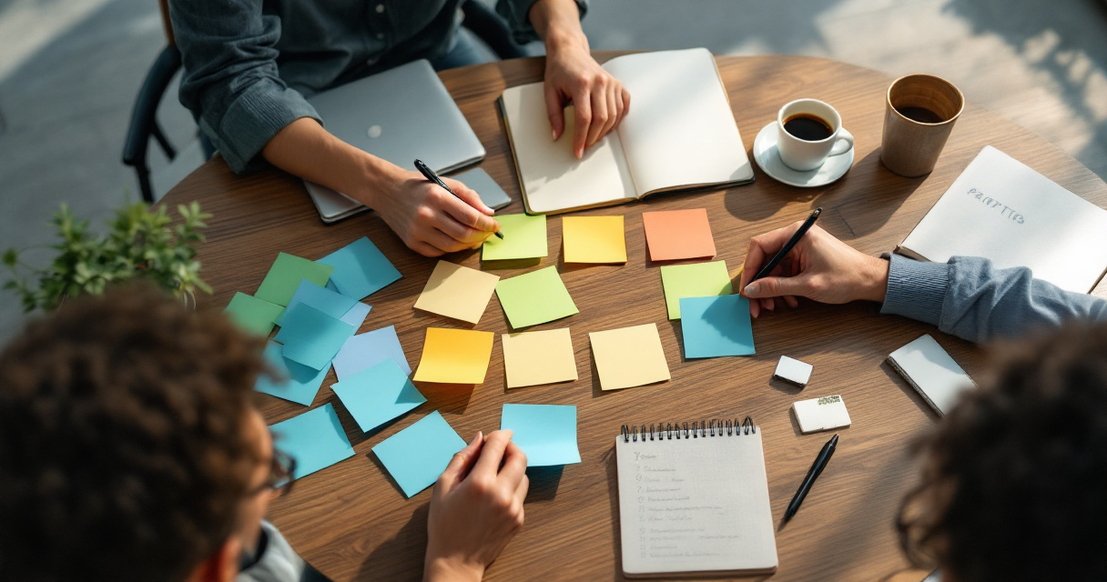 Small team organizing a simple content strategy with cards and laptop