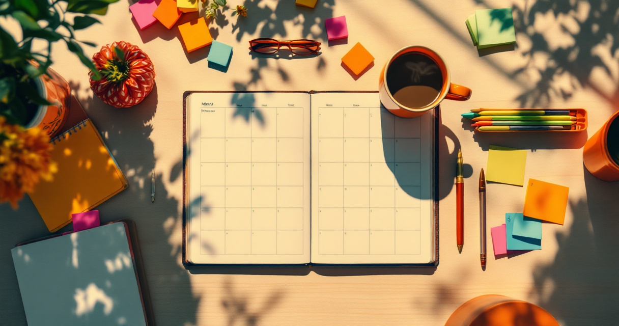 Content calendar planning workspace with organized sticky notes and monthly planner for blog strategy development